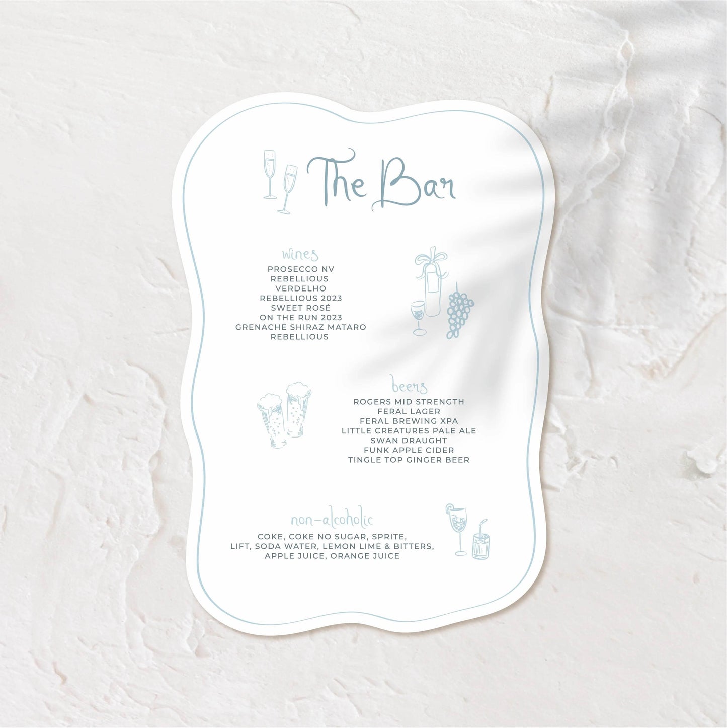Oval bar menu with refined illustrations and elegant layout.