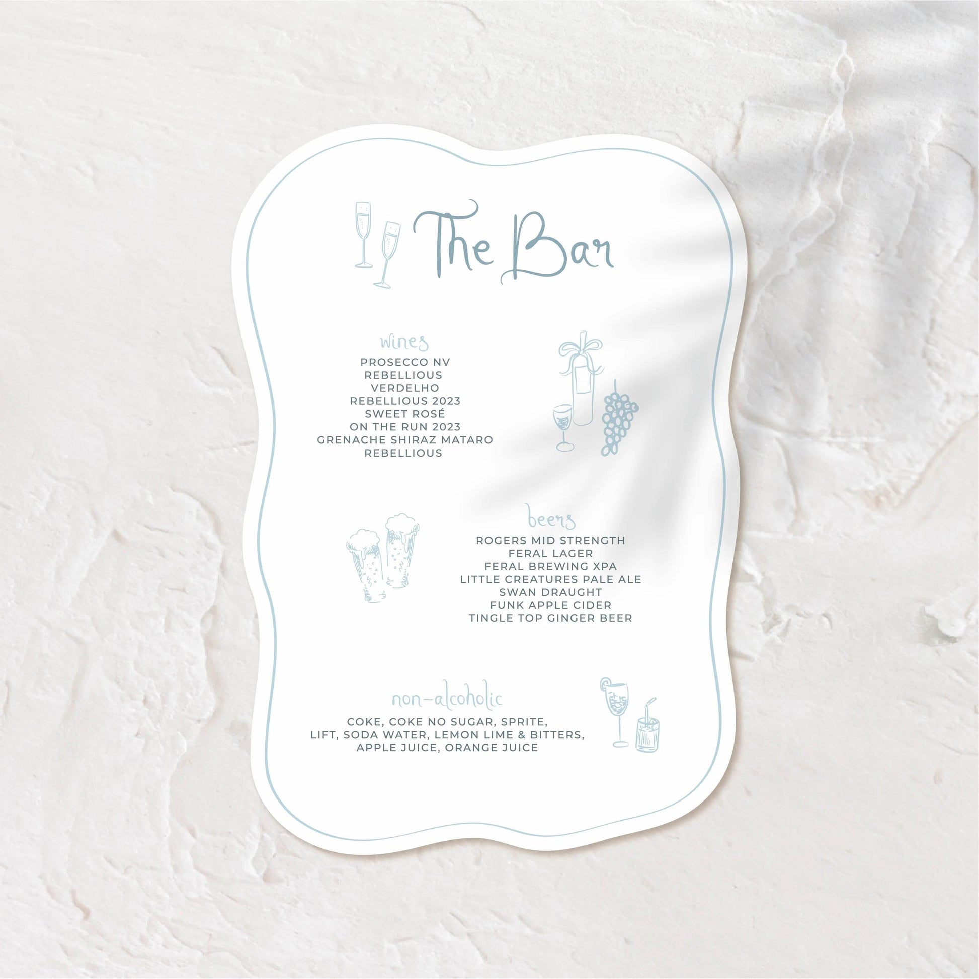 Oval bar menu with refined illustrations and elegant layout.