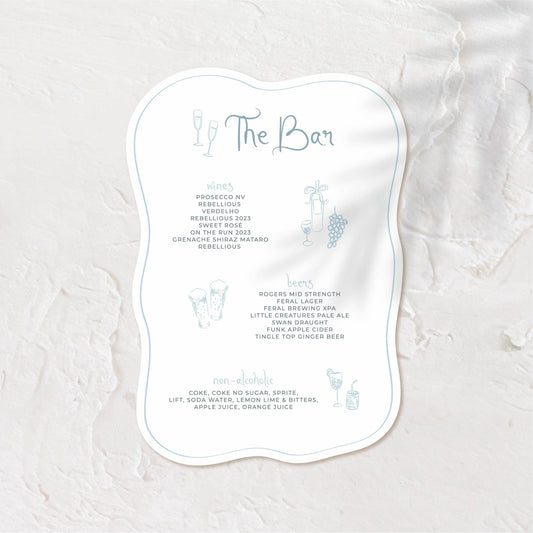 Oval bar menu with refined illustrations and elegant layout.