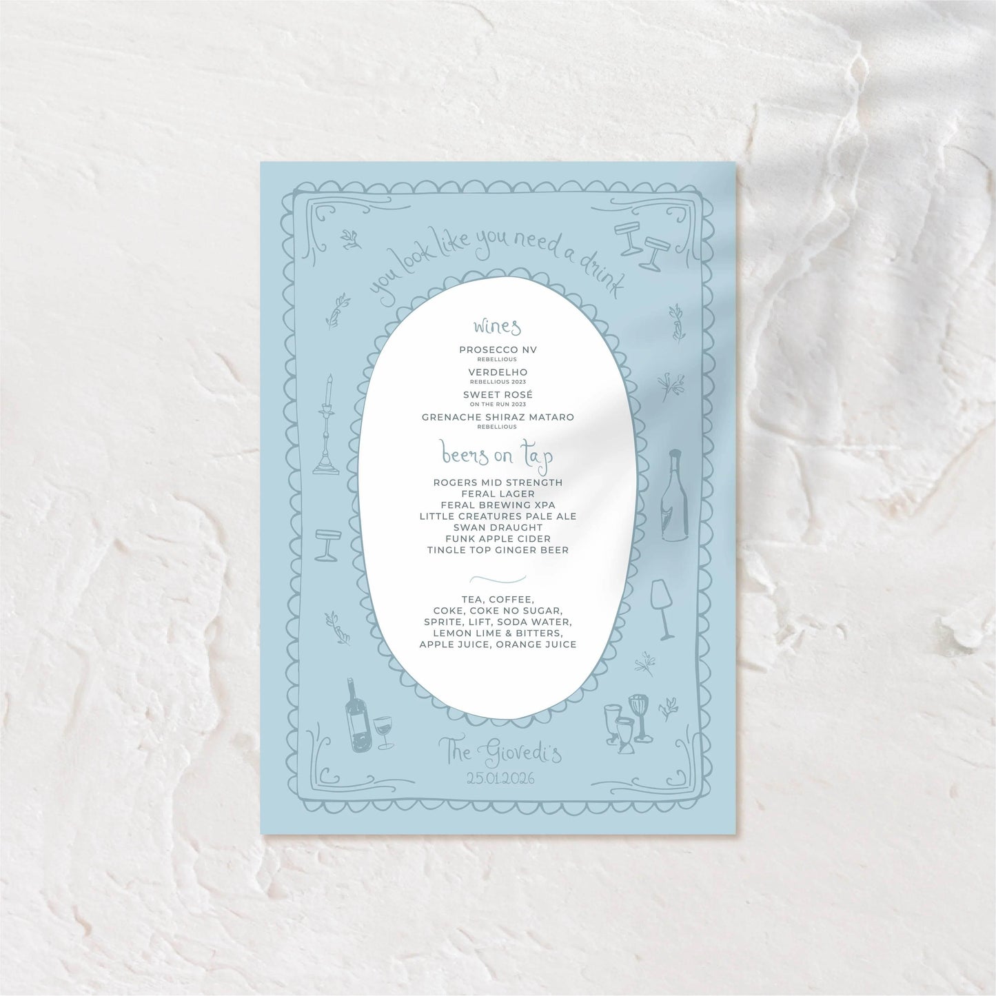Blue-toned square bar menu with modern icons and clean typography.