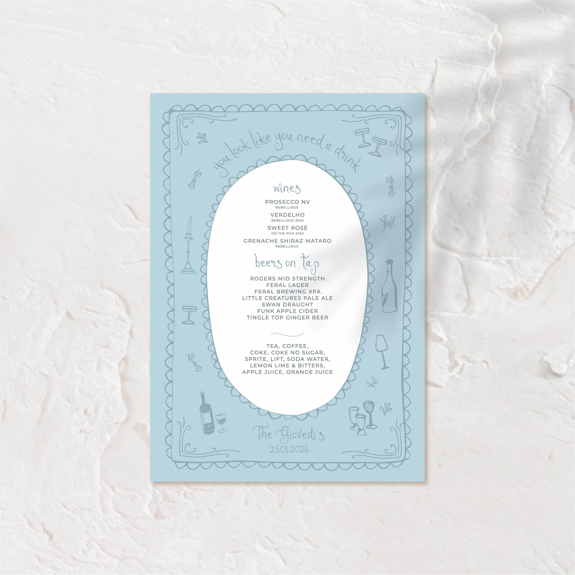 Blue-toned square bar menu with modern icons and clean typography.
