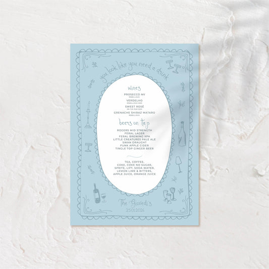 Blue-toned square bar menu with modern icons and clean typography.