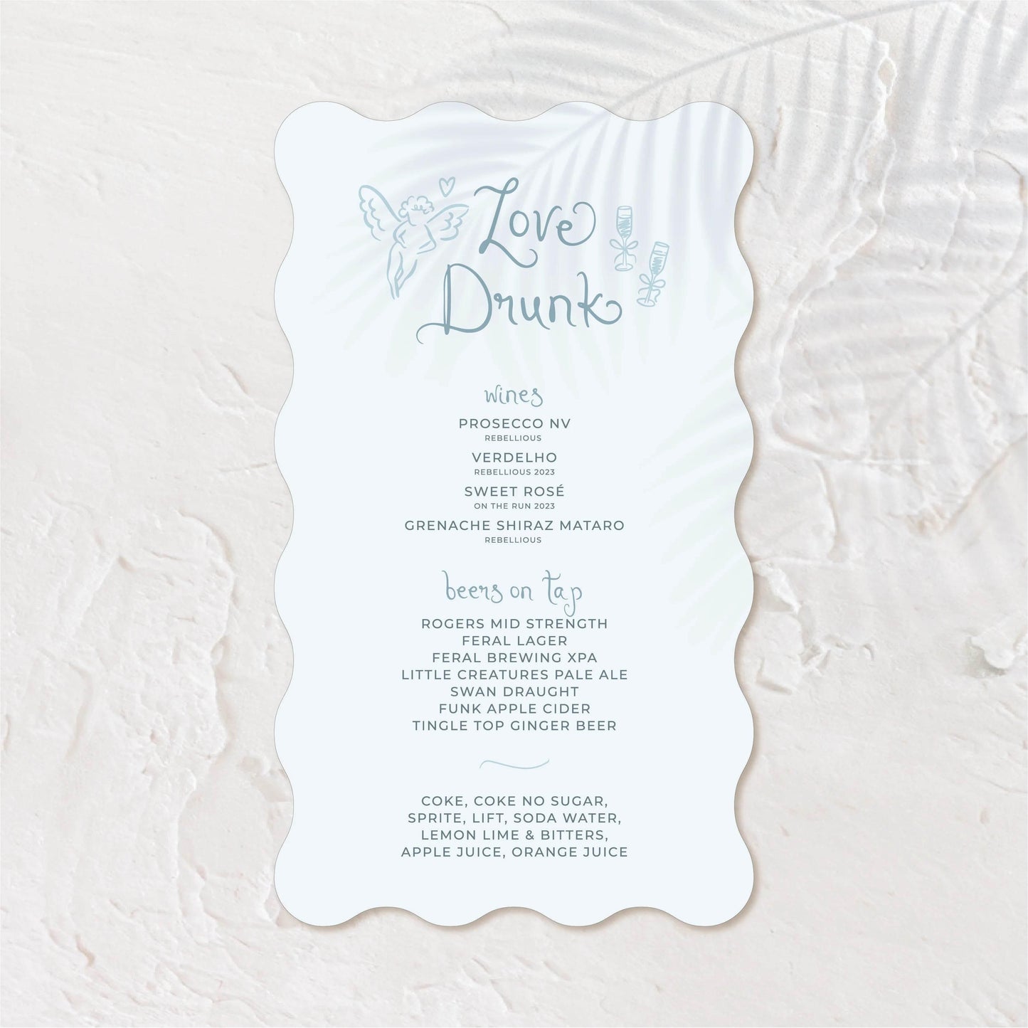 Tall, vertical bar menu with whimsical font and detailed drink list.