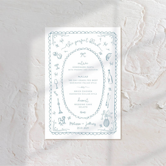 Stylish menu with oval detailing and script fonts, featuring modern calligraphy.