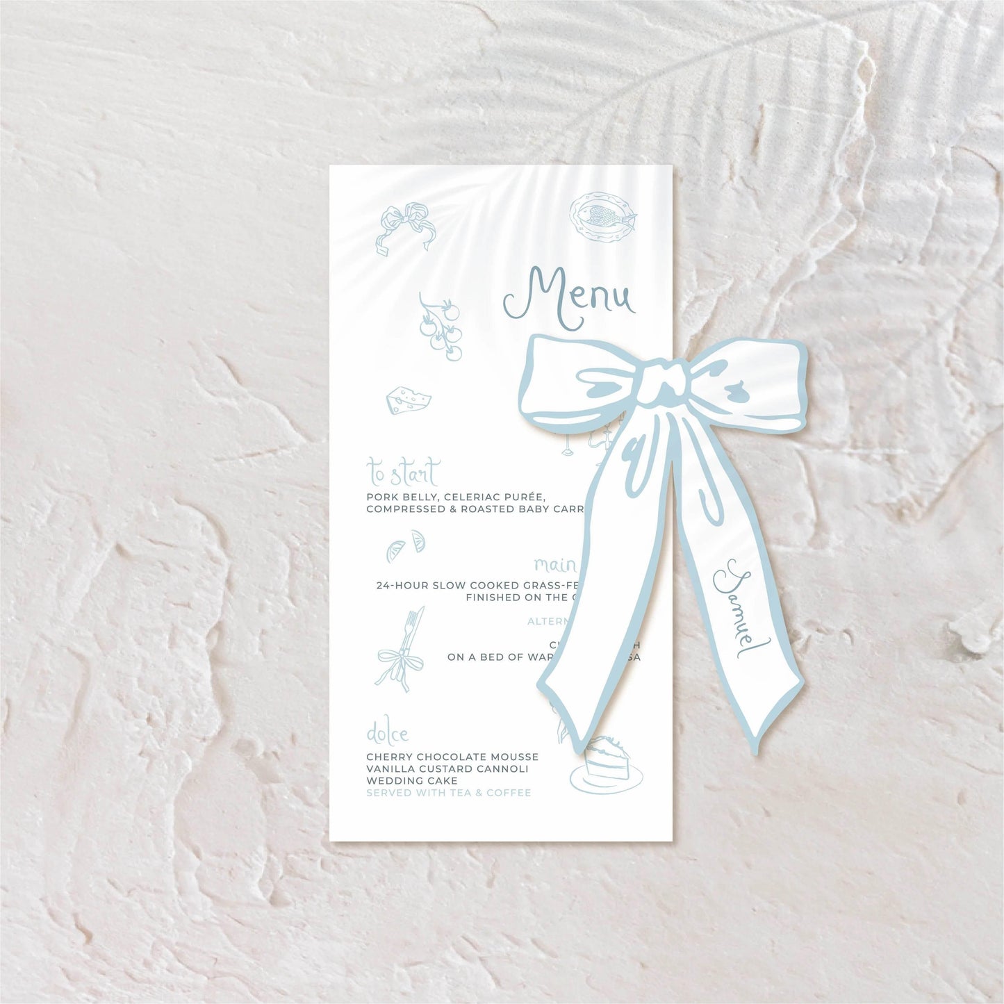 Coordinated wedding menu and ribbon shaped place cards