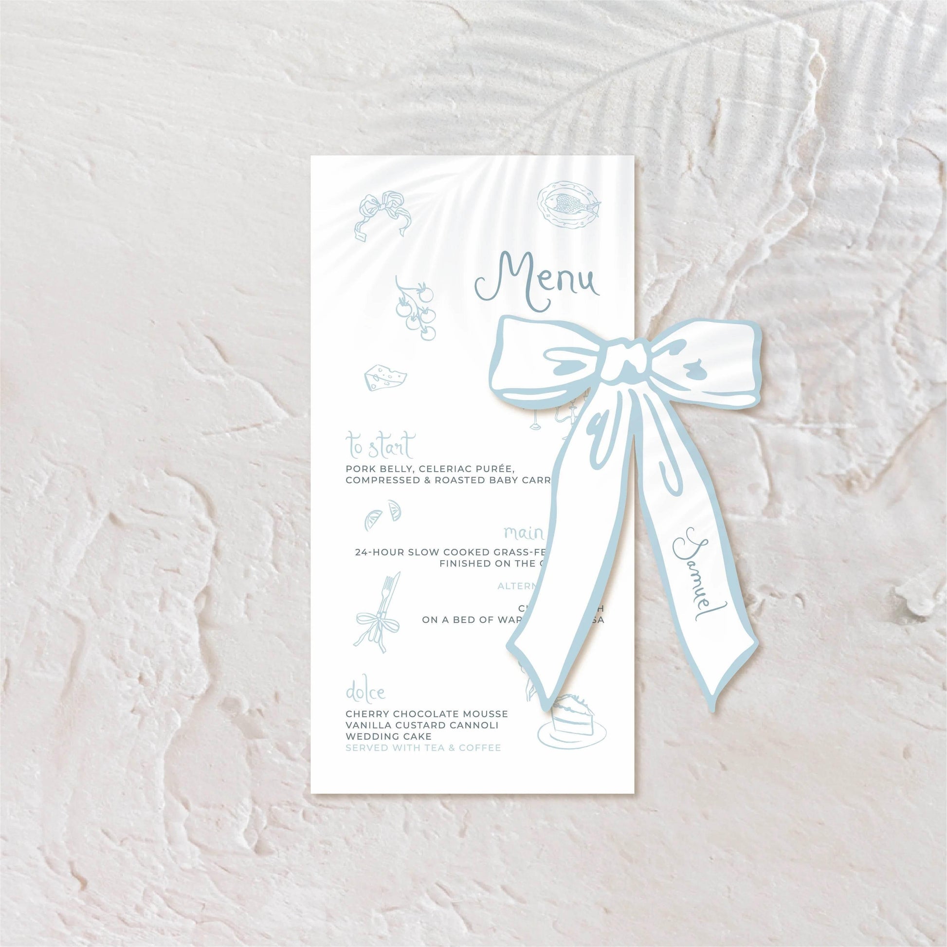 Coordinated wedding menu and ribbon shaped place cards