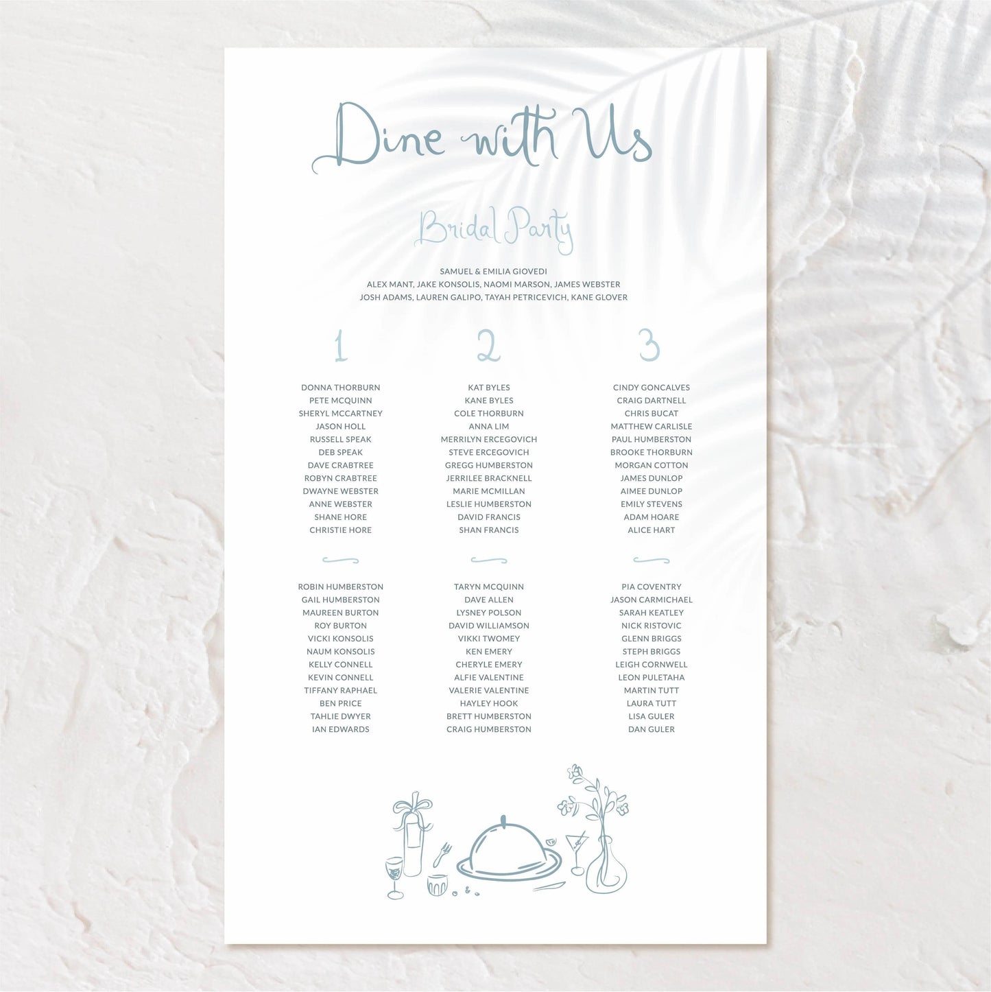 Wedding seating chart titled “Dine with Us”, minimal design.