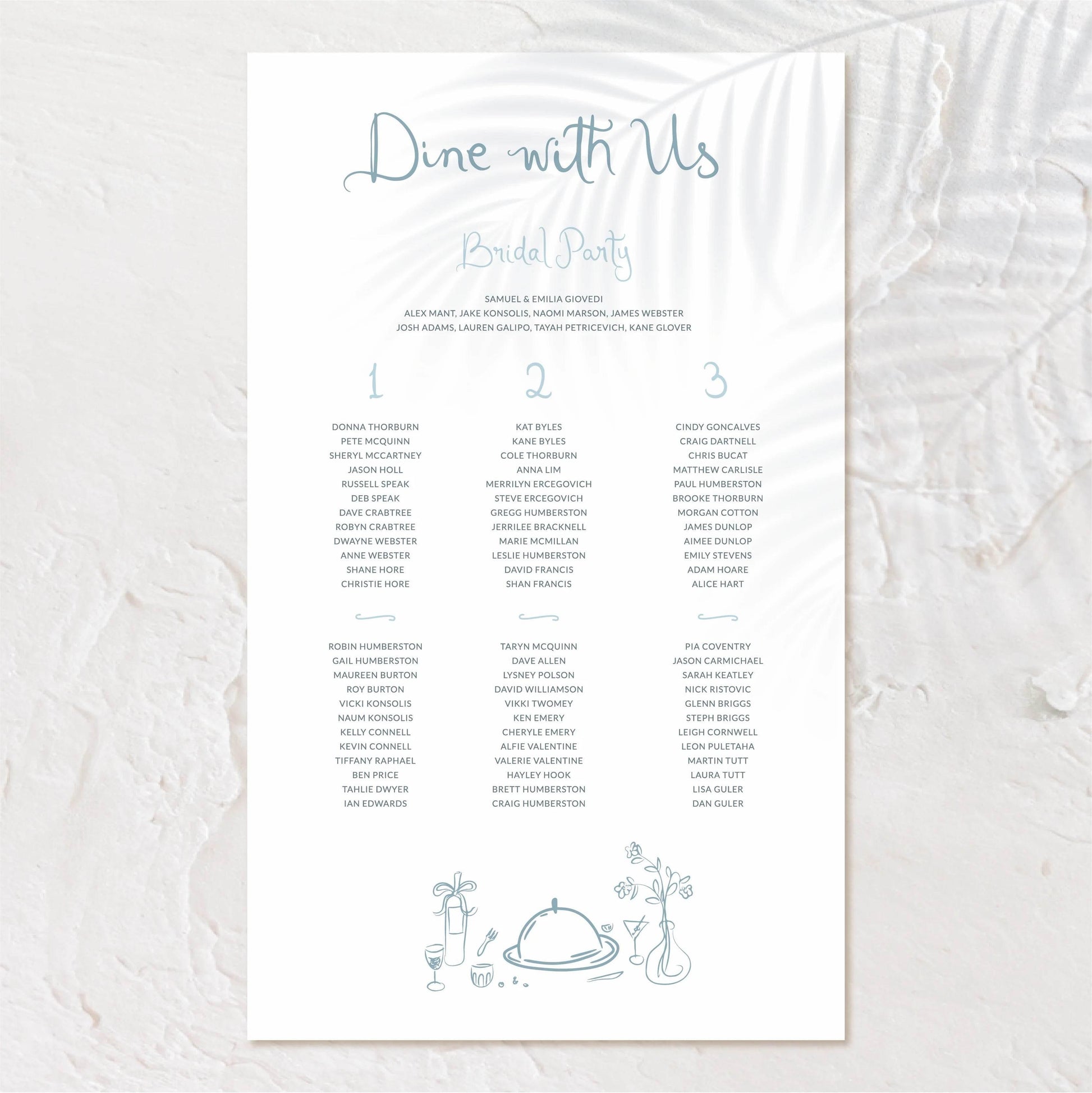 Wedding seating chart titled “Dine with Us”, minimal design.
