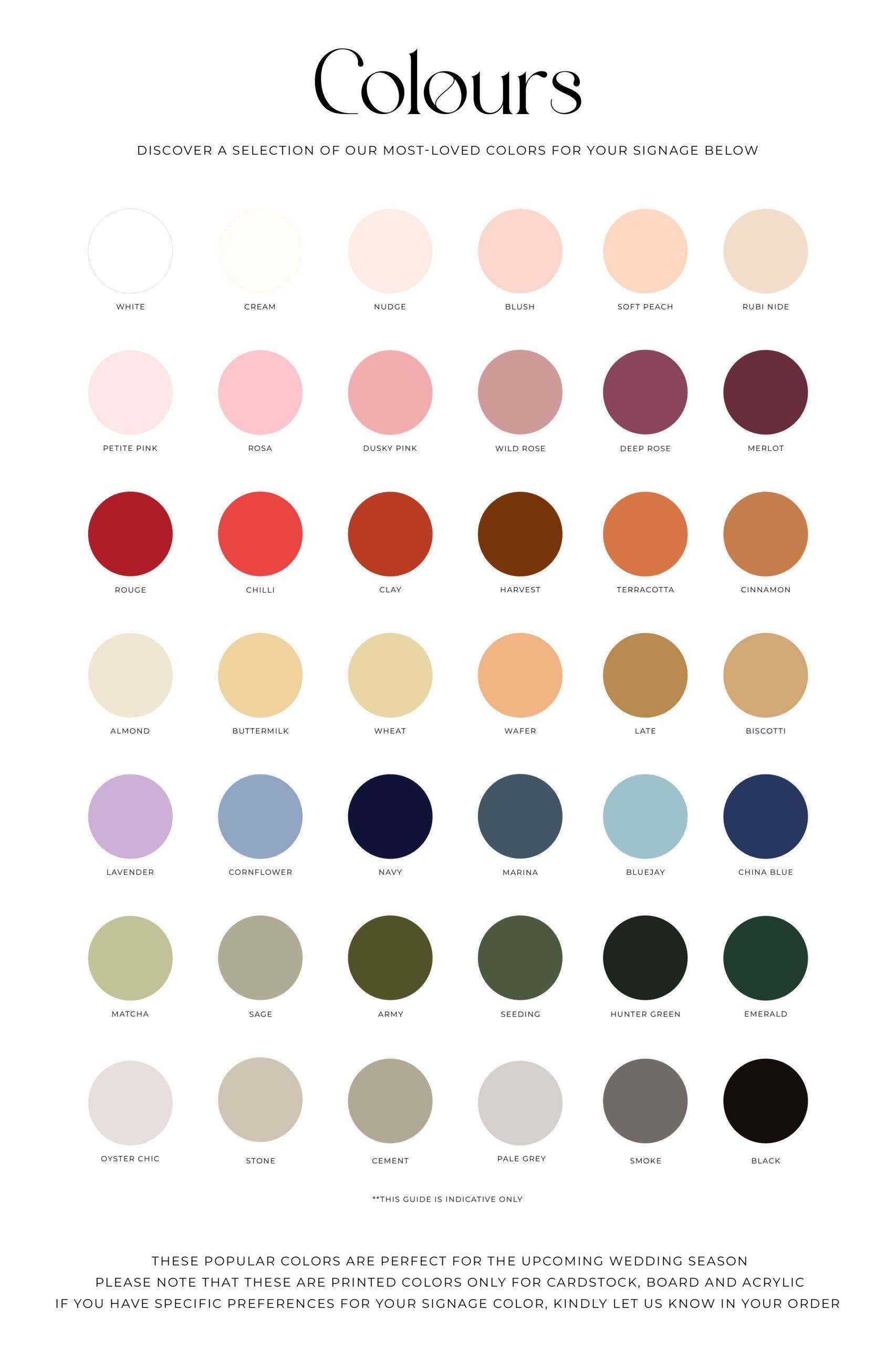 A colour guide featuring a selection of popular wedding signage shades, from soft neutrals like blush and cream to rich tones such as navy, emerald, and terracotta