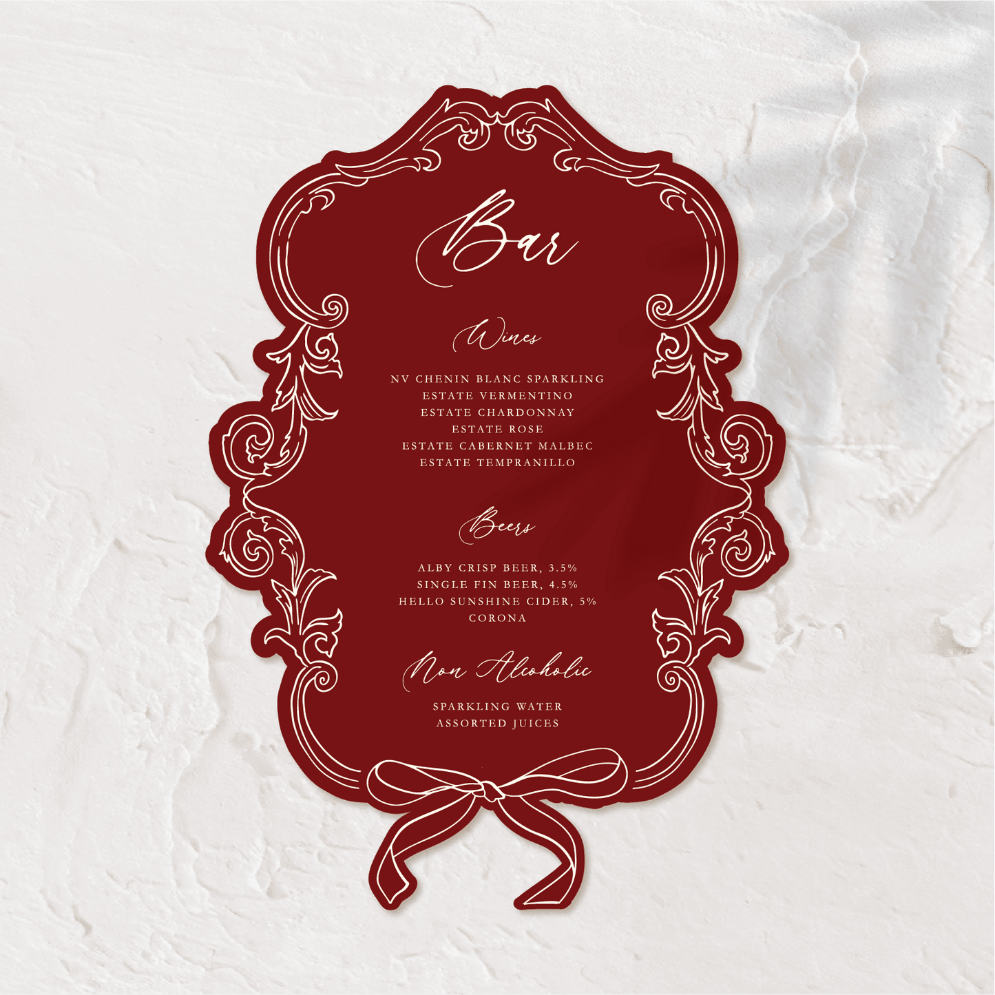 Victorian Wedding Bar Menu
