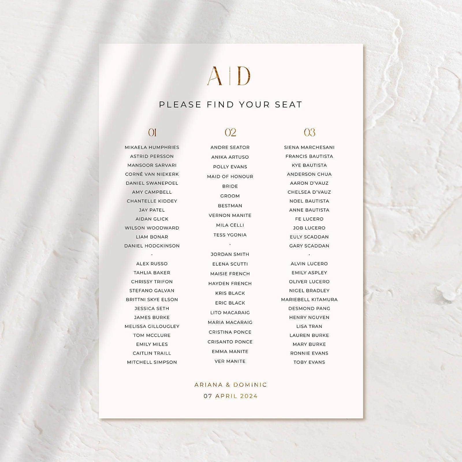 Modern Seating Chart - Ariana 1 - Wedding Signs