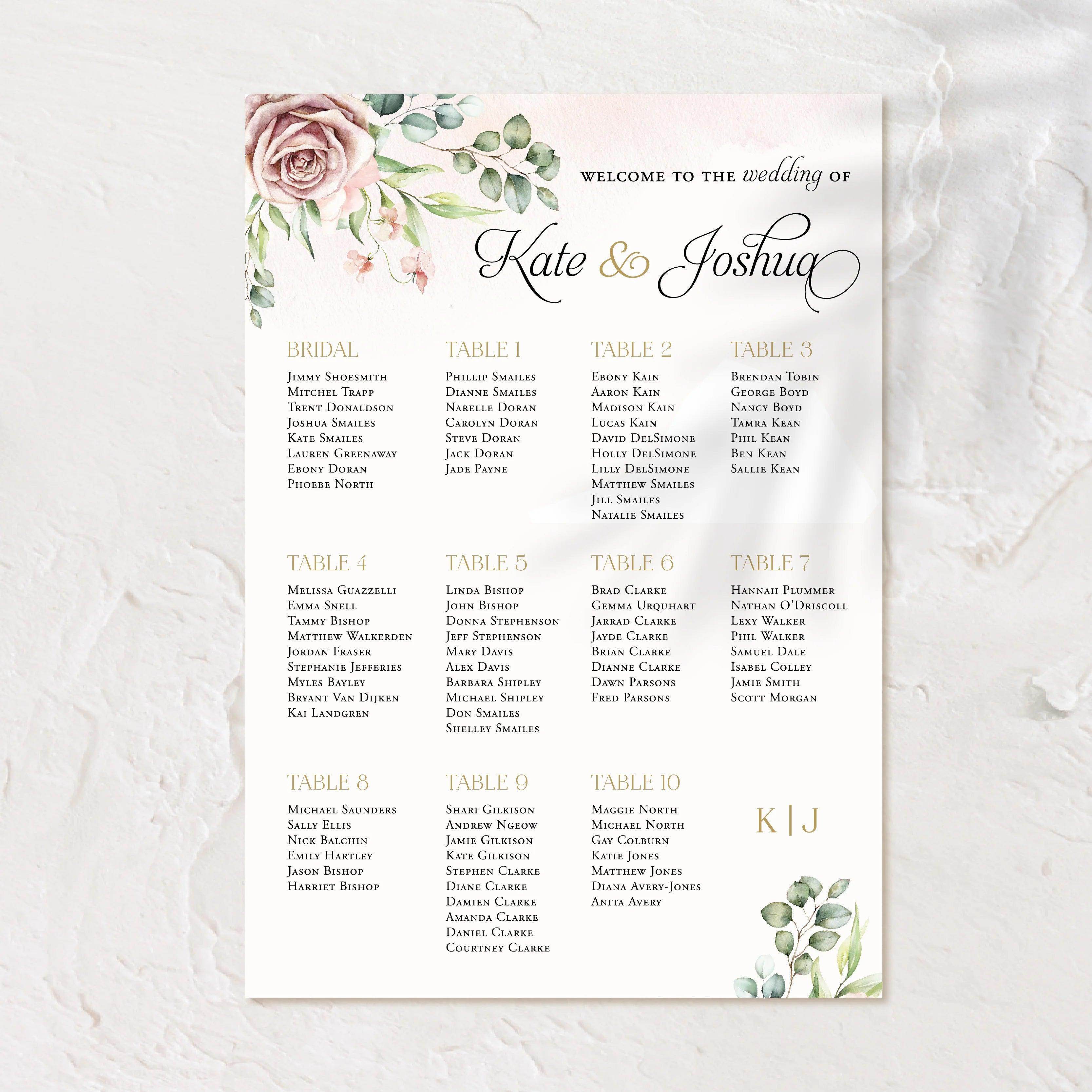 Personalised Seating Chart Kate Elegant & Unique Wedding Signs
