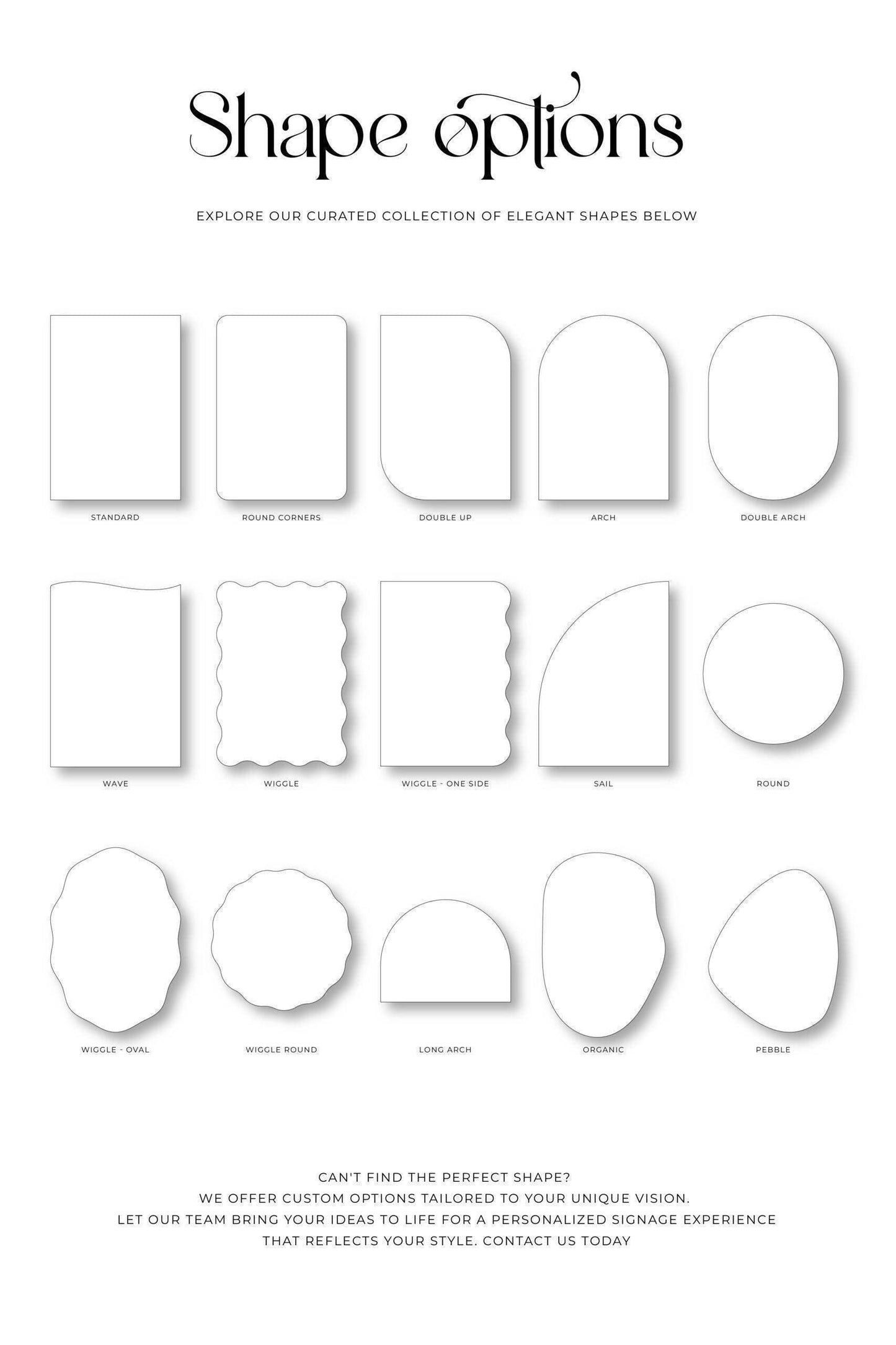 A selection of elegant shape options for wedding stationery featuring various rounded, arched, and organic designs. Includes standard, wave, wiggle, and pebble shapes. Custom Shape available