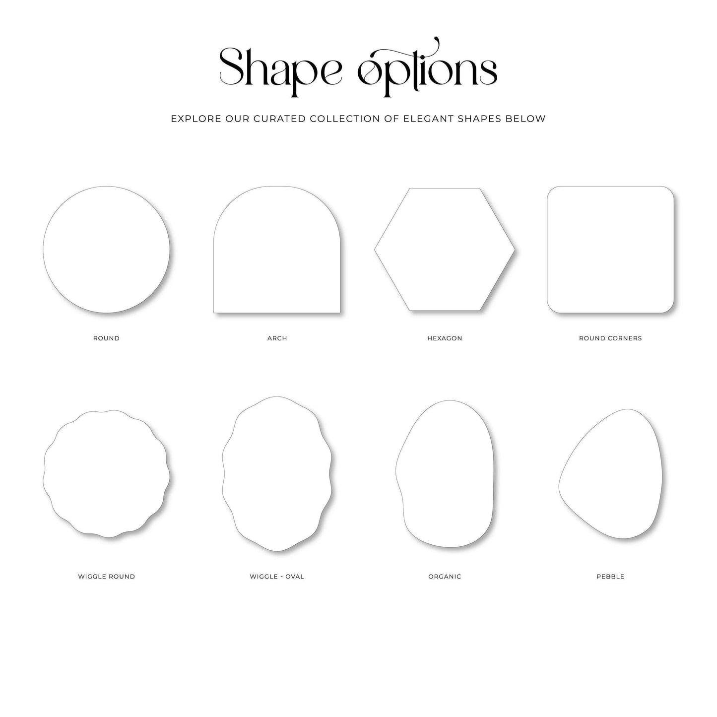 A curated selection of wedding stationery shapes, including round, arch, hexagon, wiggle, and organic designs for modern and elegant aesthetics