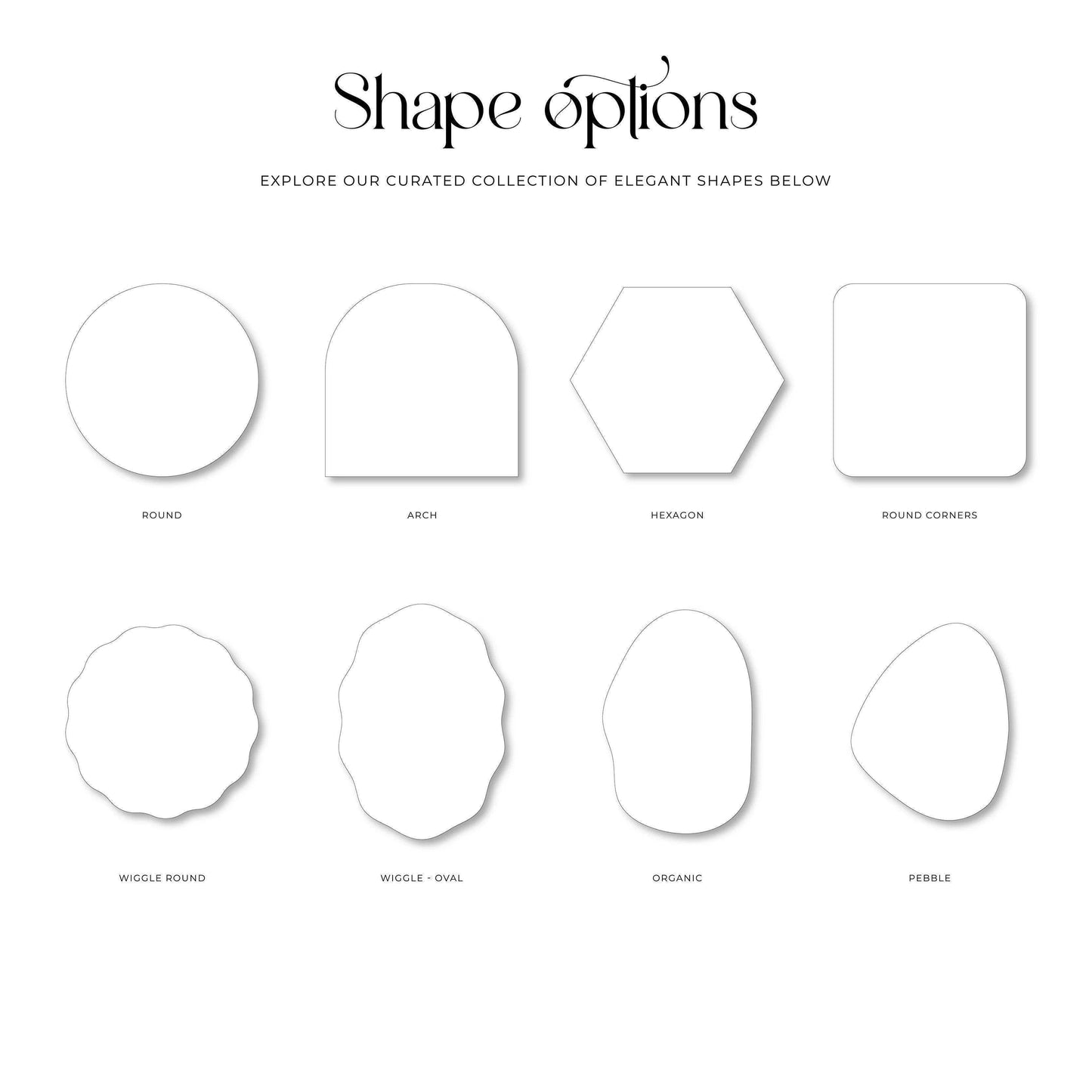A curated selection of wedding stationery shapes, including round, arch, hexagon, wiggle, and organic designs for modern and elegant aesthetics