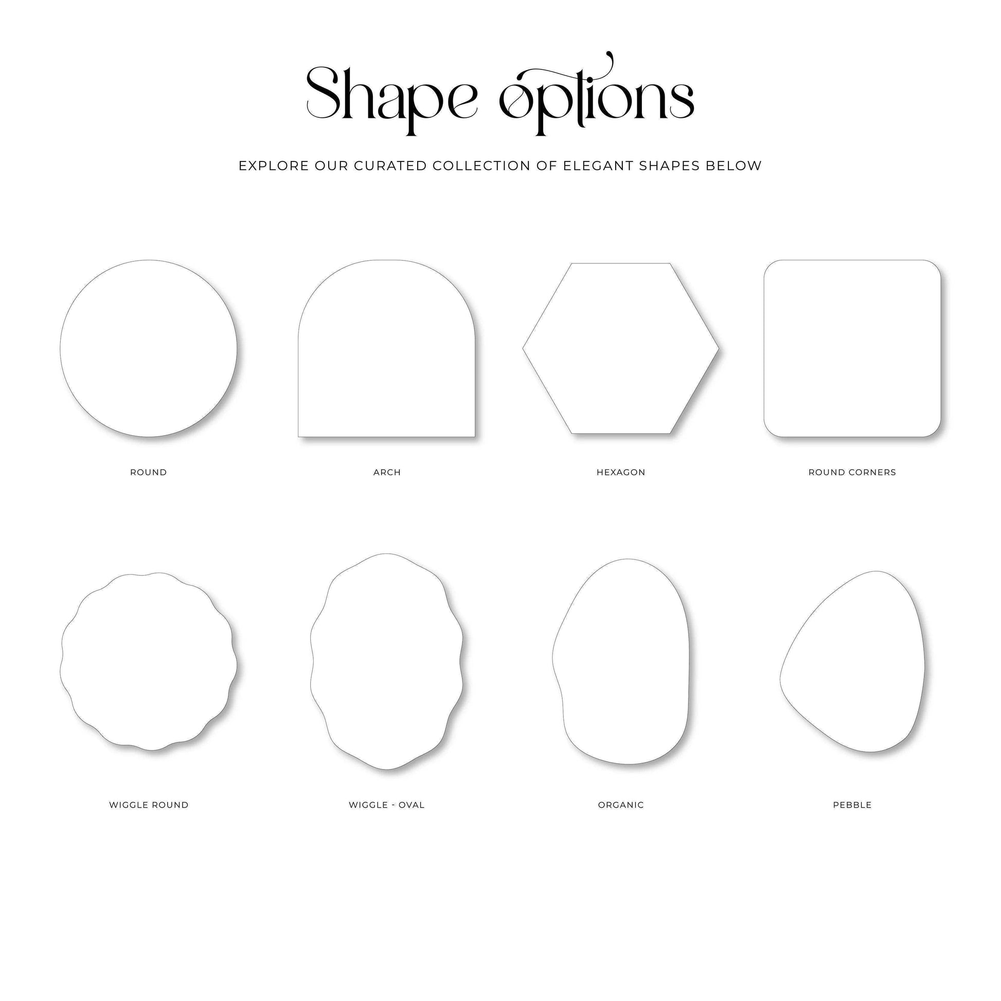 A curated selection of wedding stationery shapes, including round, arch, hexagon, wiggle, and organic designs for modern and elegant aesthetics