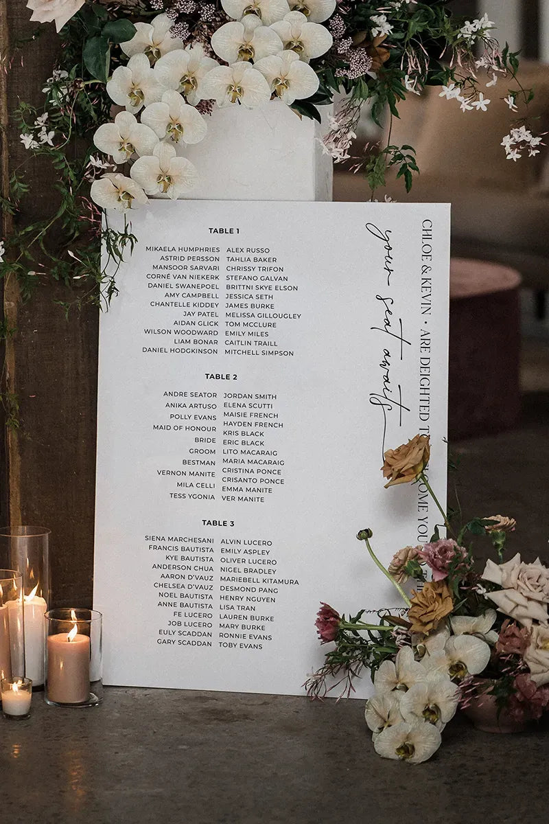  A white wedding seating chart with black text featuring table assignments for guests. The sign is elegantly surrounded by white orchids, roses, and soft pink floral accents, with candles placed at the base for a warm atmosphere.