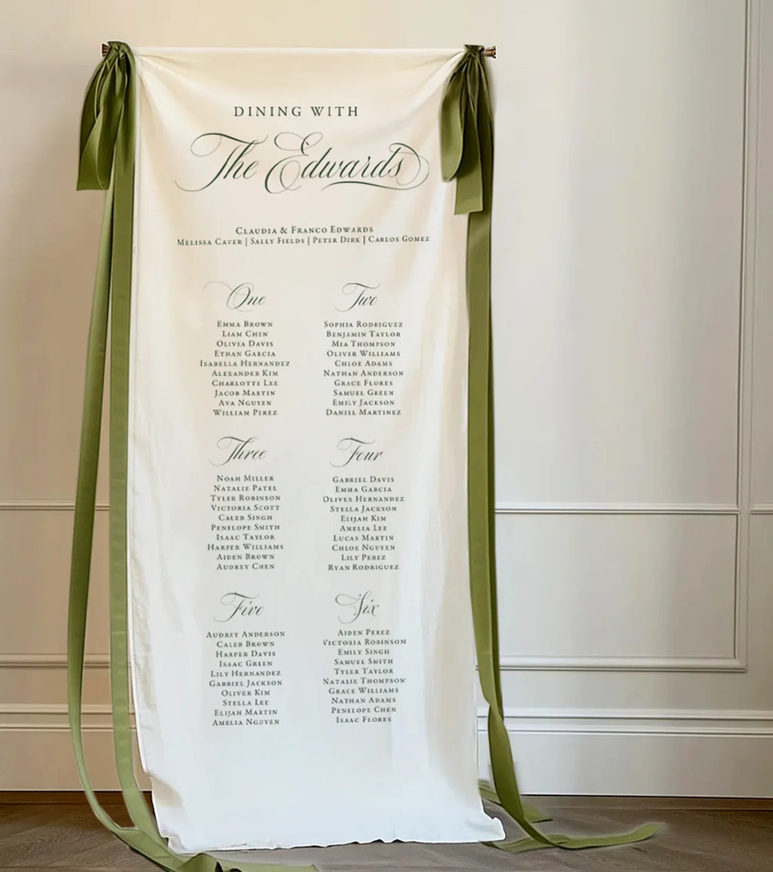 Linen Seating Chart with green Ribbon