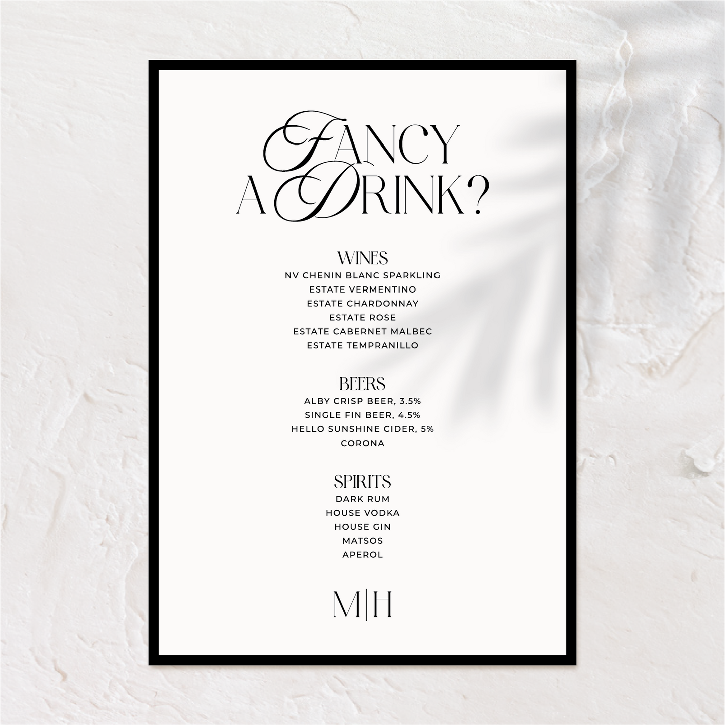 Elegant Wedding Bar Menu | Old Money Drink List