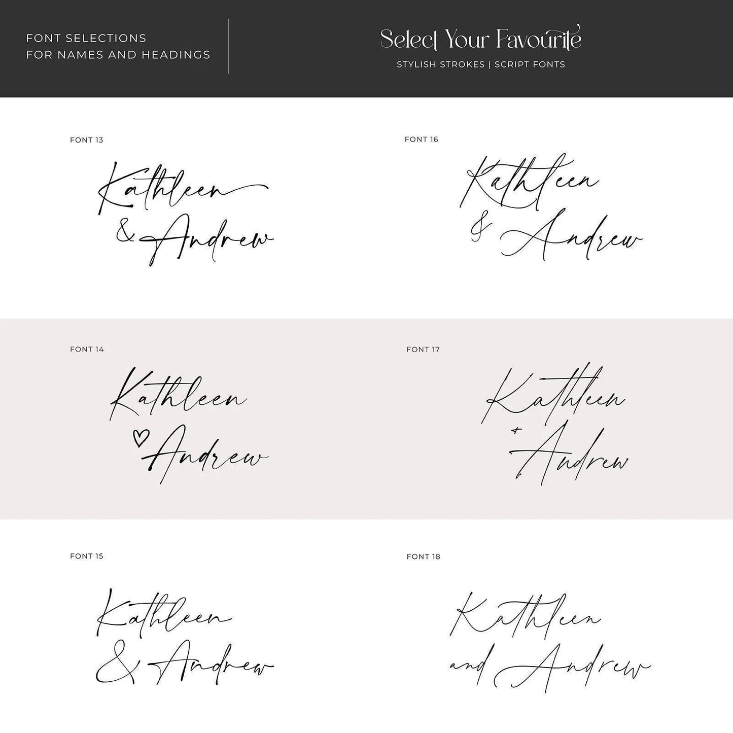 Range of casual handwritten fonts for wedding signs, ideal for rustic, bohemian, and outdoor weddings.