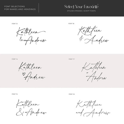 Range of casual handwritten fonts for wedding signs, ideal for rustic, bohemian, and outdoor weddings.