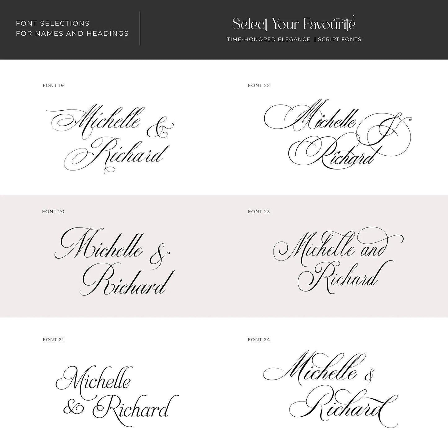 List of all available font styles for wedding signs, featuring a variety of options from elegant script and classic serif to modern sans-serif and handwritten styles, allowing couples to personalise their wedding decor.