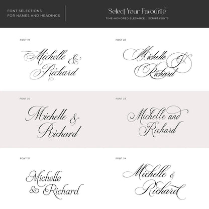 List of all available font styles for wedding signs, featuring a variety of options from elegant script and classic serif to modern sans-serif and handwritten styles, allowing couples to personalise their wedding decor.