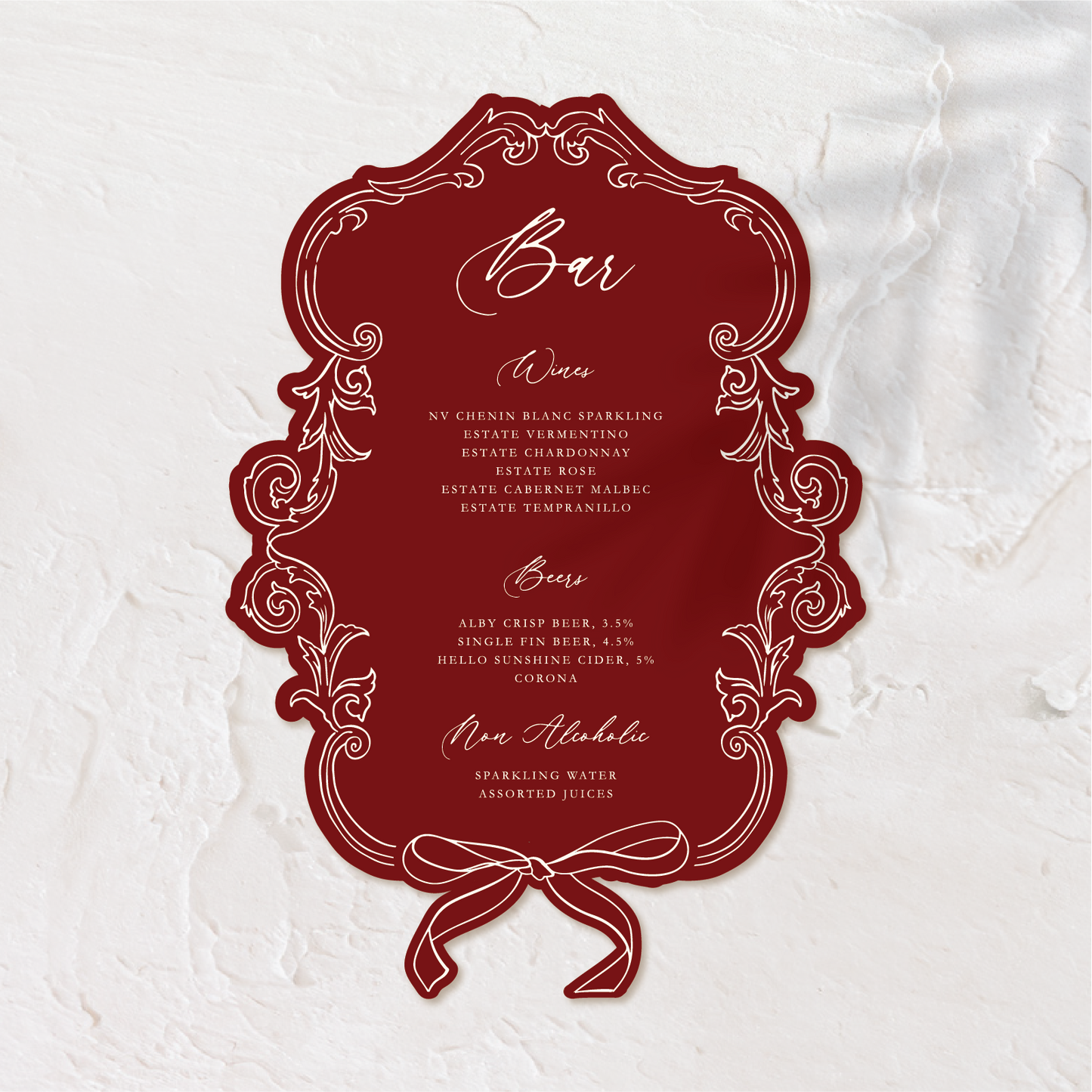 Victorian Wedding Bar Menu