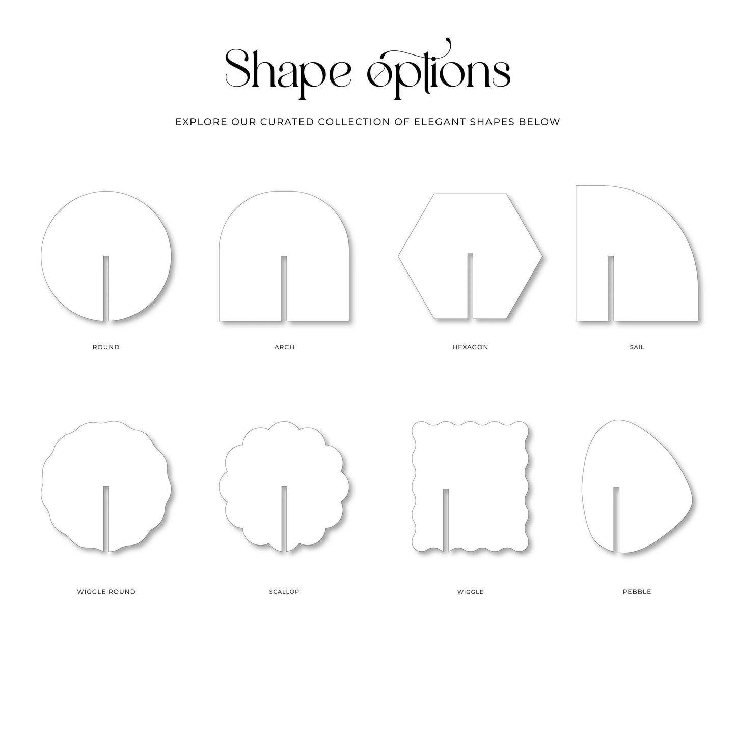 A selection of wedding signage shape options with slots for glass tags, featuring round, arch, hexagon, sail, wiggle, scallop, and pebble designs for elegant event decor.