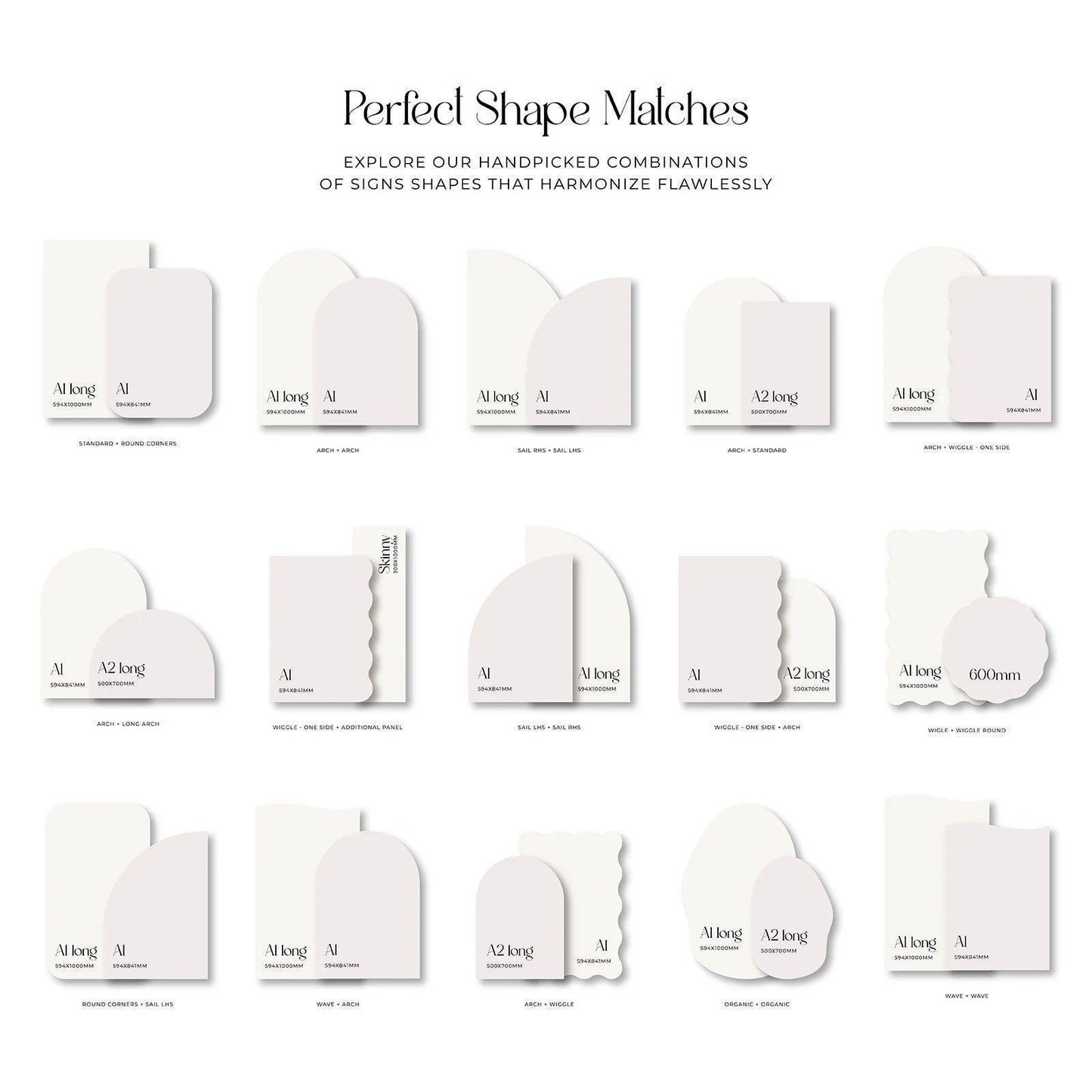 A guide to perfectly matching wedding signage shapes, combining arches, waves, wiggles, and round designs for a cohesive look