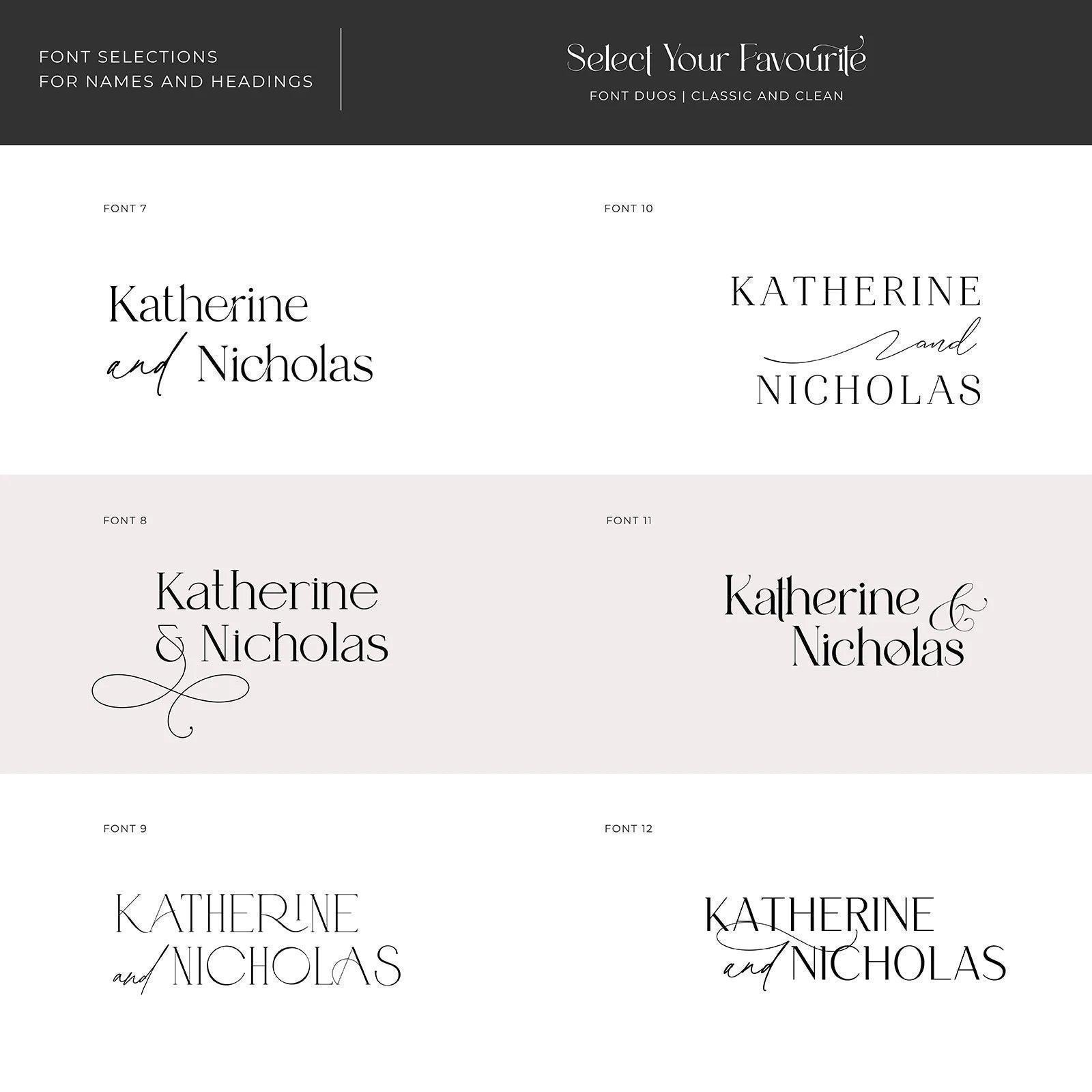 A variety of elegant font duos for wedding stationery names and headings, featuring serif and sans-serif pairings with clean and timeless styles.