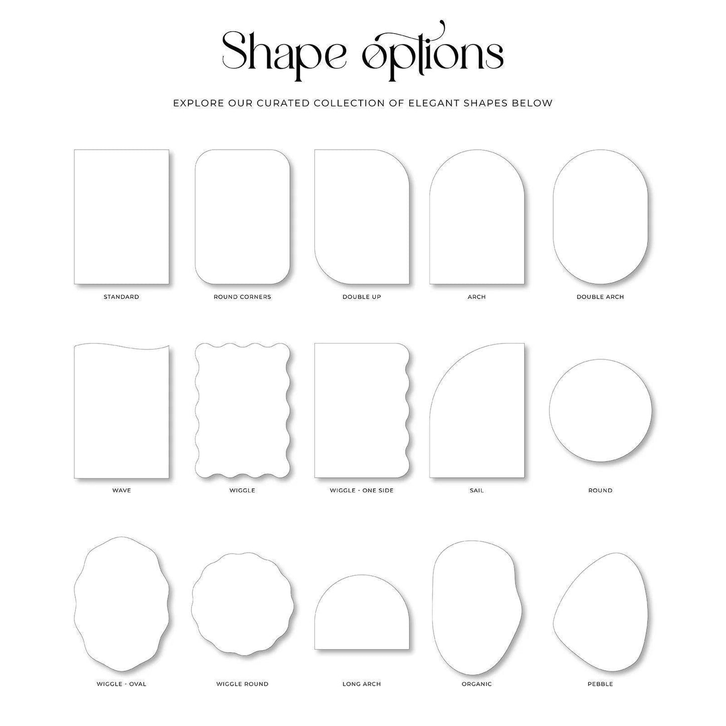 A selection of elegant shape options for wedding stationery featuring various rounded, arched, and organic designs. Includes standard, wave, wiggle, and pebble shapes