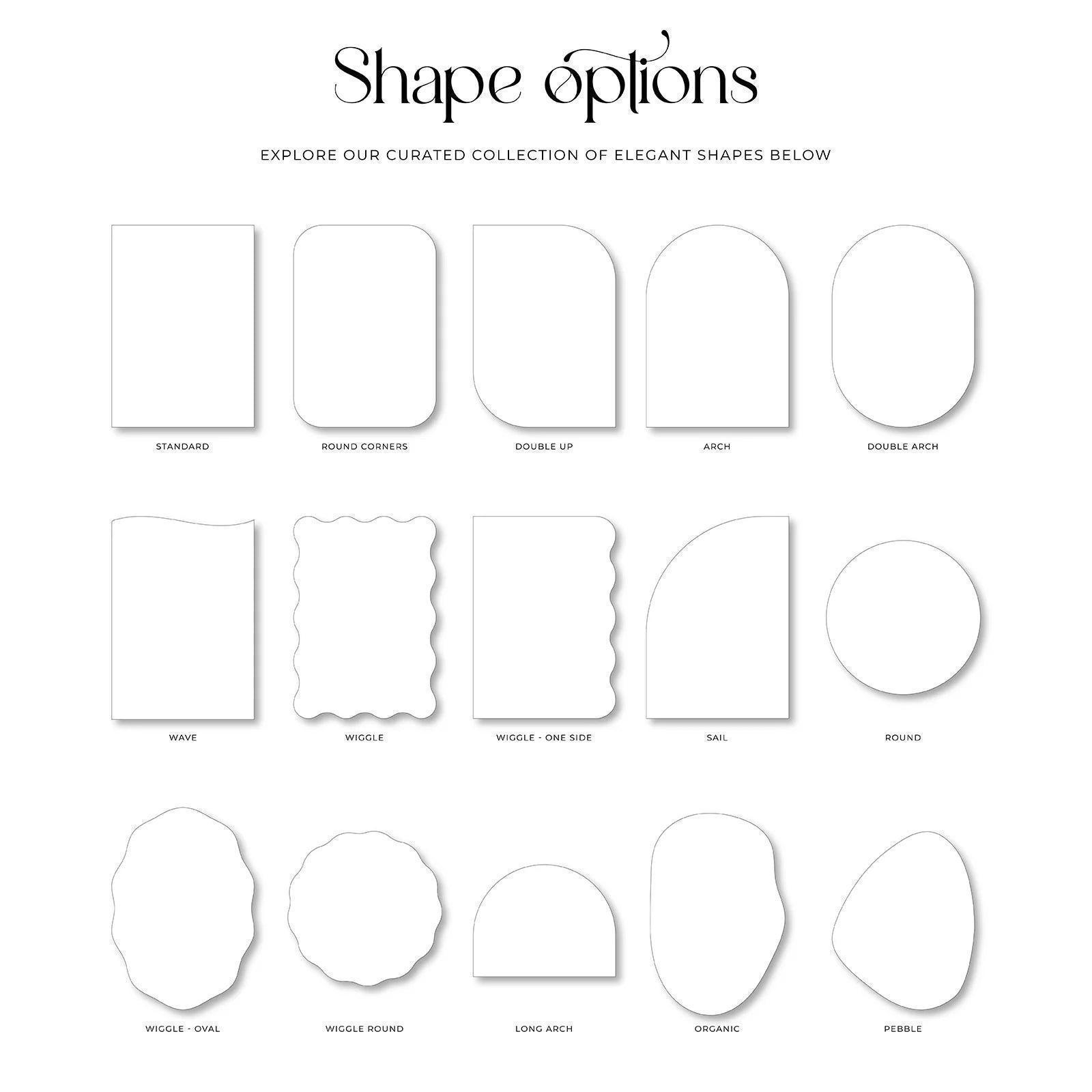 A selection of elegant shape options for wedding stationery featuring various rounded, arched, and organic designs. Includes standard, wave, wiggle, and pebble shapes