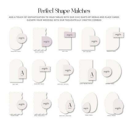 A thoughtfully designed collection of wedding menu and place card shape pairings, featuring rounded, arched, and wavy combinations for elegant table styling