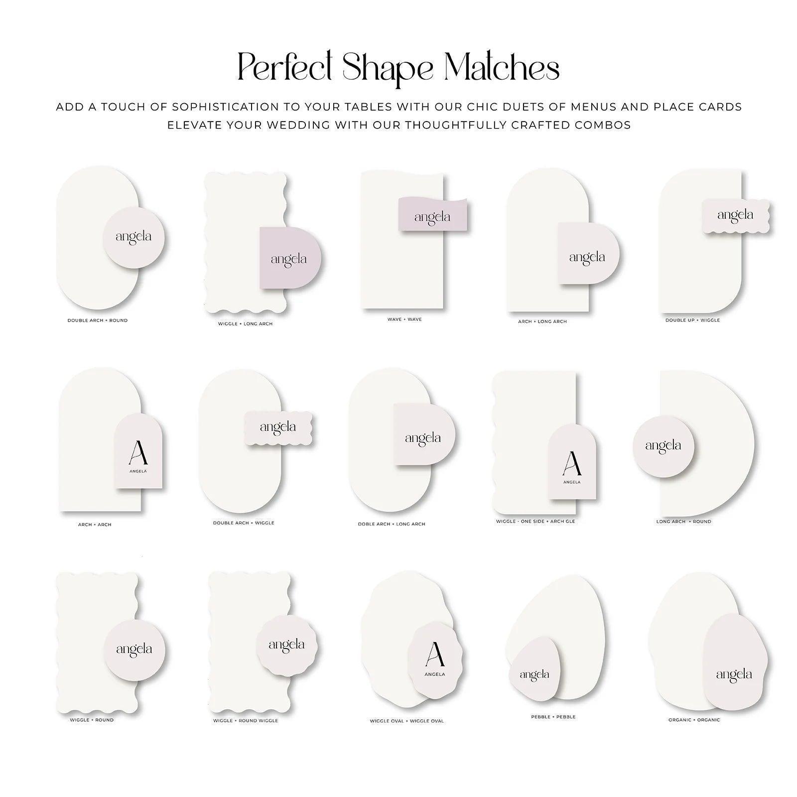 A thoughtfully designed collection of wedding menu and place card shape pairings, featuring rounded, arched, and wavy combinations for elegant table styling.